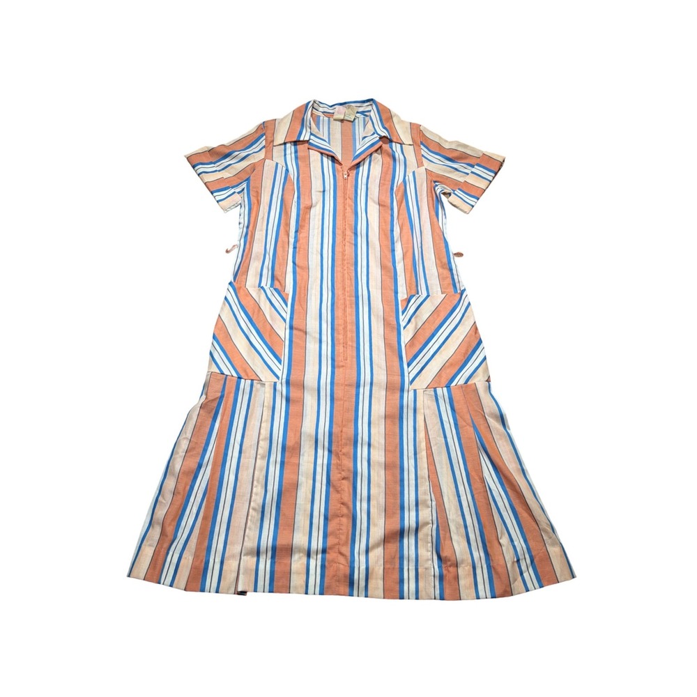 Vintage Sears Dress Womens 14 Orange Blue Striped Zip Front Pleated Union Made